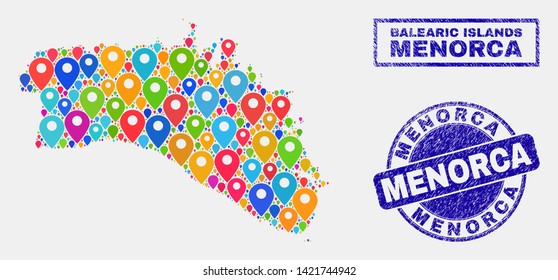Vector colorful mosaic Menorca Island map and grunge stamps. Abstract Menorca Island map is composed from scattered colorful site symbols. Watermarks are blue, with rectangle and rounded shapes.
