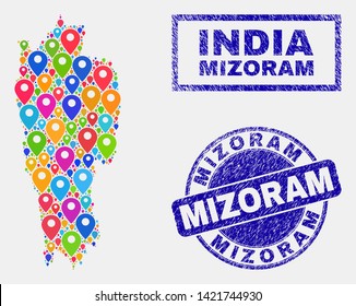Vector colorful mosaic Mizoram State map and grunge seals. Abstract Mizoram State map is created from random colorful site pins. Stamp seals are blue, with rectangle and rounded shapes.