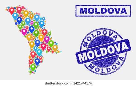 Vector colorful mosaic Moldova map and grunge seals. Flat Moldova map is designed from randomized colorful site markers. Seals are blue, with rectangle and rounded shapes.