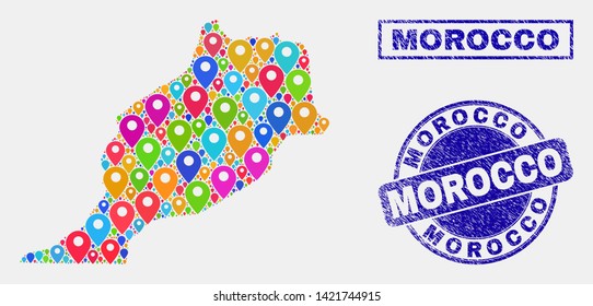 Vector colorful mosaic Morocco map and grunge watermarks. Abstract Morocco map is formed from randomized colorful geo icons. Watermarks are blue, with rectangle and round shapes.