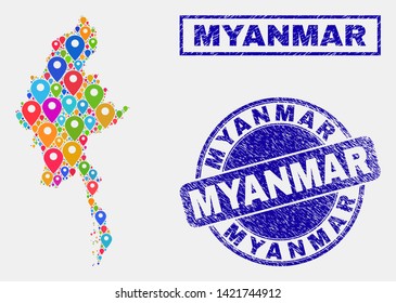 Vector colorful mosaic Myanmar map and grunge stamp seals. Abstract Myanmar map is formed from scattered colorful geo icons. Stamps are blue, with rectangle and round shapes.