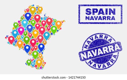 Vector colorful mosaic Navarra Province map and grunge stamp seals. Abstract Navarra Province map is created from scattered colorful navigation icons. Stamp seals are blue,