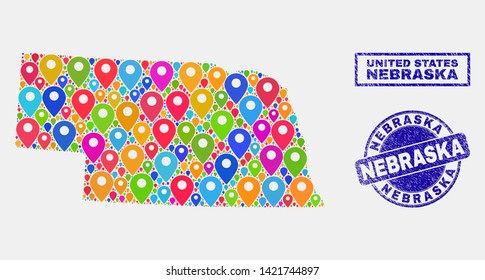 Vector colorful mosaic Nebraska State map and grunge stamp seals. Flat Nebraska State map is composed from random colorful navigation markers. Stamp seals are blue, with rectangle and rounded shapes.