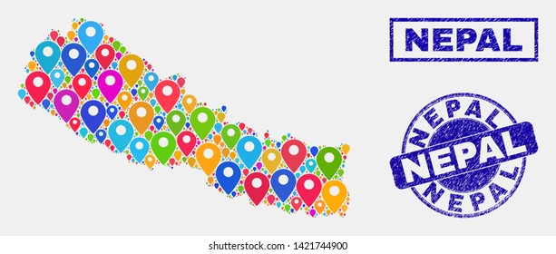 Vector colorful mosaic Nepal map and grunge watermarks. Flat Nepal map is composed from random colorful navigation markers. Watermarks are blue, with rectangle and rounded shapes.