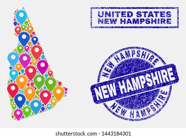 Vector colorful mosaic New Hampshire State map and grunge stamp seals. Abstract New Hampshire State map is created from random colorful navigation symbols. Stamps are blue,