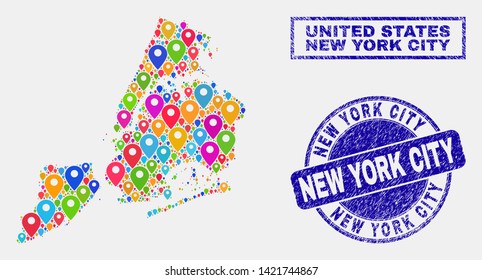 Vector colorful mosaic New York City map and grunge stamps. Abstract New York City map is designed from random colorful site positions. Stamps are blue, with rectangle and round shapes.