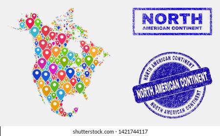 Vector colorful mosaic North America v2 map and grunge seals. Flat North America v2 map is composed from scattered colorful map locations. Seals are blue, with rectangle and round shapes.