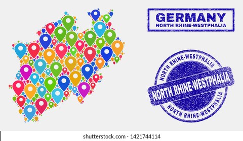 Vector colorful mosaic North Rhine-Westphalia Land map and grunge stamps. Abstract North Rhine-Westphalia Land map is designed from scattered colorful site icons. Seals are blue,