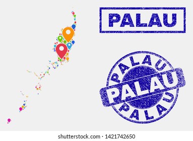 Vector colorful mosaic Palau map and grunge stamp seals. Abstract Palau map is composed from randomized colorful geo symbols. Stamp seals are blue, with rectangle and round shapes.