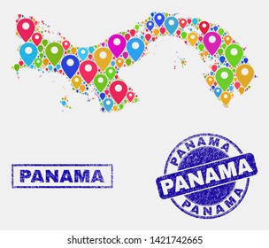 Vector colorful mosaic Panama map and grunge stamp seals. Flat Panama map is formed from scattered bright map icons. Stamp seals are blue, with rectangle and rounded shapes.