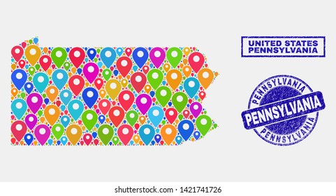 Vector colorful mosaic Pennsylvania State map and grunge stamp seals. Abstract Pennsylvania State map is composed from random colorful site pins. Stamp seals are blue, with rectangle and round shapes.