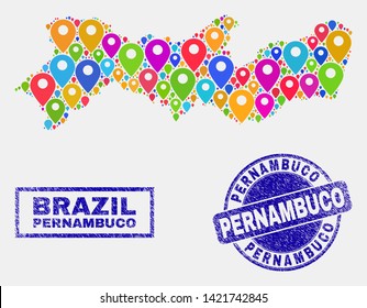 Vector colorful mosaic Pernambuco State map and grunge seals. Abstract Pernambuco State map is composed from randomized colorful site markers. Seals are blue, with rectangle and round shapes.