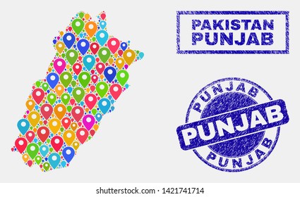 Vector colorful mosaic Punjab Province map and grunge stamp seals. Abstract Punjab Province map is composed from random bright site pins. Stamp seals are blue, with rectangle and rounded shapes.