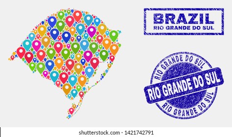 Vector colorful mosaic Rio Grande do Sul State map and grunge stamp seals. Flat Rio Grande do Sul State map is designed from scattered colorful geo positions. Stamp seals are blue,