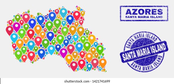 Vector colorful mosaic Santa Maria Island map and grunge stamps. Abstract Santa Maria Island map is created from random colorful site pins. Stamps are blue, with rectangle and rounded shapes.