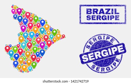 Vector colorful mosaic Sergipe State map and grunge seals. Abstract Sergipe State map is designed from random bright site pins. Stamp seals are blue, with rectangle and rounded shapes.