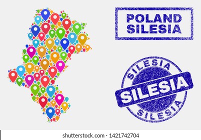 Vector colorful mosaic Silesian Voivodeship map and grunge stamp seals. Abstract Silesian Voivodeship map is created from random bright geo pins. Stamp seals are blue, with rectangle and round shapes.