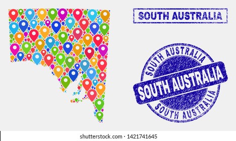 Vector colorful mosaic South Australia map and grunge stamp seals. Abstract South Australia map is composed from random colorful site locations. Stamp seals are blue,