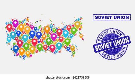 Vector colorful mosaic Soviet Union map and grunge stamps. Flat Soviet Union map is composed from scattered colorful map locations. Stamps are blue, with rectangle and round shapes.