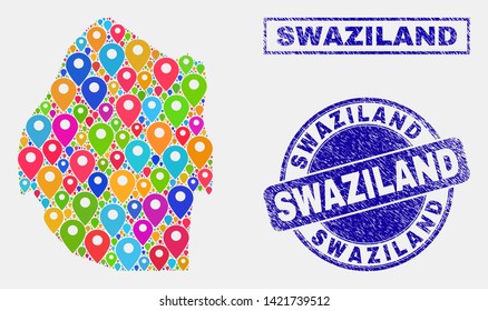 Vector colorful mosaic Swaziland map and grunge stamp seals. Abstract Swaziland map is composed from scattered bright geo pointers. Seals are blue, with rectangle and rounded shapes.