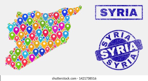 Vector colorful mosaic Syria map and grunge watermarks. Flat Syria map is formed from scattered colorful site symbols. Watermarks are blue, with rectangle and rounded shapes.