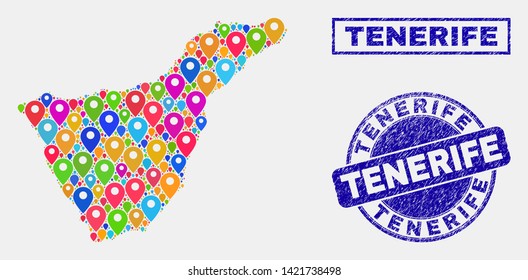 Vector colorful mosaic Tenerife map and grunge stamps. Abstract Tenerife map is created from scattered colorful navigation locations. Watermarks are blue, with rectangle and rounded shapes.