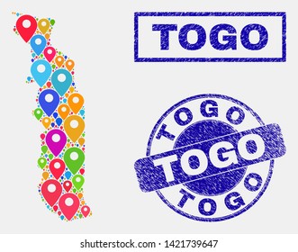 Vector colorful mosaic Togo map and grunge stamp seals. Abstract Togo map is composed from scattered colorful site markers. Stamp seals are blue, with rectangle and round shapes.