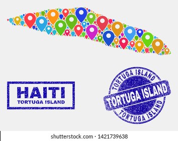 Vector colorful mosaic Tortuga Island of Haiti map and grunge stamps. Abstract Tortuga Island of Haiti map is composed from randomized colorful geo markers. Stamp seals are blue,