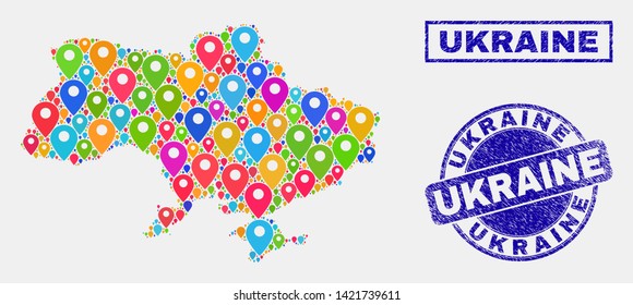 Vector colorful mosaic Ukraine map and grunge seals. Abstract Ukraine map is created from scattered colorful navigation markers. Seals are blue, with rectangle and round shapes.
