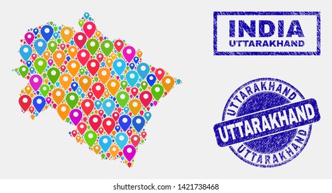 Vector colorful mosaic Uttarakhand State map and grunge stamp seals. Abstract Uttarakhand State map is created from randomized bright navigation positions. Seals are blue,