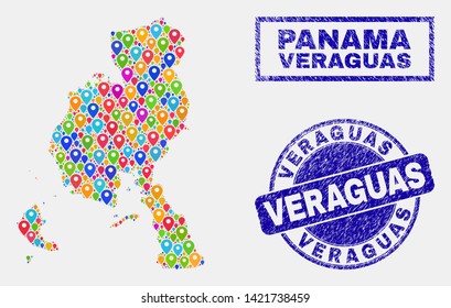 Vector colorful mosaic Veraguas Province map and grunge stamp seals. Abstract Veraguas Province map is designed from random bright geo pointers. Stamp seals are blue, with rectangle and round shapes.