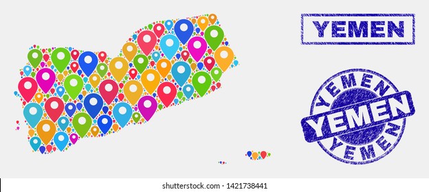 Vector colorful mosaic Yemen map and grunge stamp seals. Flat Yemen map is designed from scattered colorful geo pointers. Stamp seals are blue, with rectangle and round shapes.