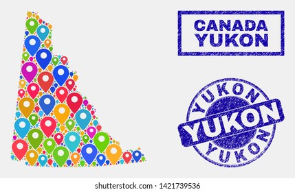 Vector colorful mosaic Yukon Province map and grunge seals. Abstract Yukon Province map is designed from scattered colorful map markers. Watermarks are blue, with rectangle and round shapes.