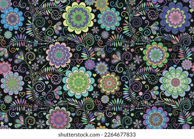 Vector colorful motley seamless pattern with vintage flowers 