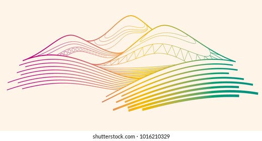 Vector colorful mountains line illustration on flat solid background