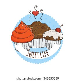 Vector Colorful Muffins Background. Cakes, Sweets.