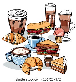 Vector colorful mugs and glasses of coffee drinks, sandwiches and cakes. Outline colorful hand drawn illustration isolated on white background