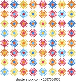 vector colorful multicolor seamless pattern. Gerbera flower. Chamomila flower endless background. Camomila,  yellow, red, blue, orange gerberas daisy flowers. chrysanthemum seamless  sun vector icone.