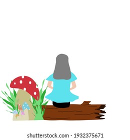 Vector colorful mushroom with green fern and girl sitting on brown log, white background relaxation concept