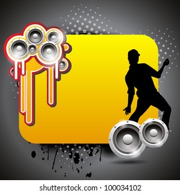 Vector colorful music banner with shiny speakers and dancing guy silhouette on grunge background copy space for  text, EPS 10. can be use as banner, flyer or poster for disco party and other events.