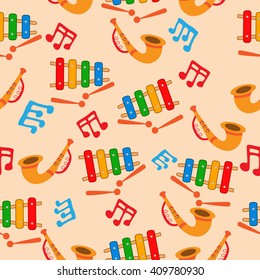 Vector colorful musical instrument with musical icon on seamless pattern.