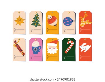 Vector colorful naive contemporary design for Christmas greetings tags on white background. Christmas template cards or labels set with xmas decor