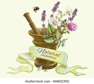 Vector colorful natural cosmetics banner with mortar and ribbon. Design for cosmetics, perfume, store, beauty salon, natural and organic health care products. Can be used as logo design. 