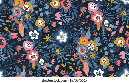 Vector colorful natural seamless pattern with flowers and leaves, beautiful bouquets on blue background