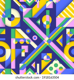vector colorful neo geometric overlapped paper cut style seamless pattern on dark blue