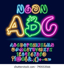 Vector Colorful Neon Children set of ABC letters. Light Set of bright playful Alphabet Letters, Numbers and Symbols