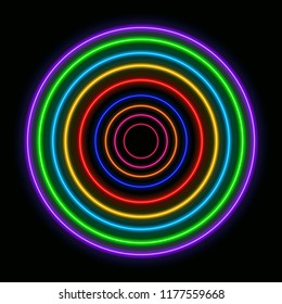 Vector Colorful Neon Circles, Shining on Dark Background Rainbow Colored Rings.