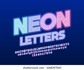 Vector Colorful Neon glowing Font. Light Set of Bright Alphabet Letters, Numbers and Symbols