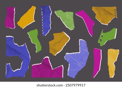 Vector colorful neon halftone pieces of ripped paper scrap in stripes, checkered. Torn sheets of paper and newspaper clippings