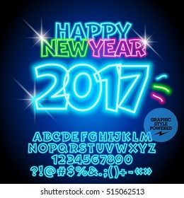 Vector colorful neon Happy New Year 2017 greeting card with set of letters, symbols and numbers. File contains graphic styles